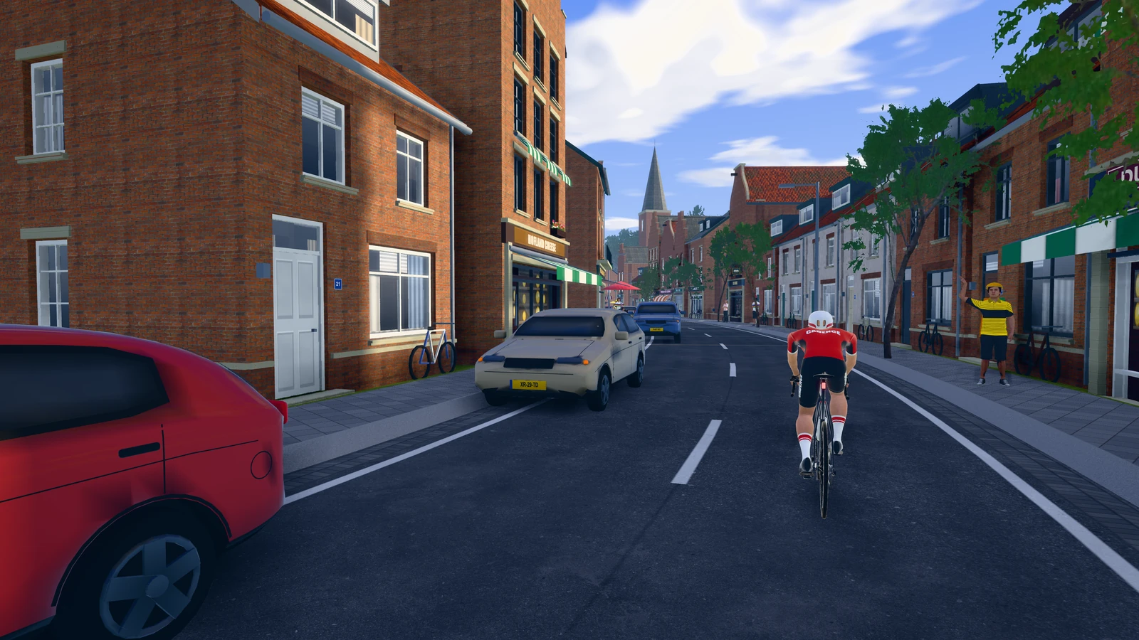 Een renner door een Vlaamse dorpsstraat met een kapper, een slager, een terras en geparkeerde auto's.